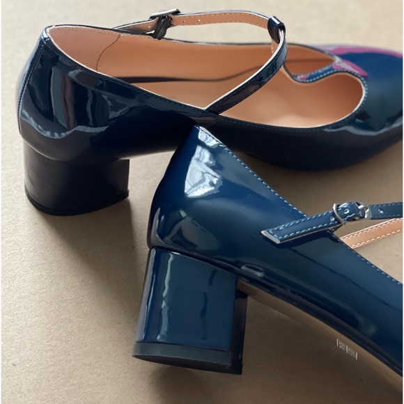 Navy Patent Mary Jane T-strap Low Heels - Picture 4 of 11